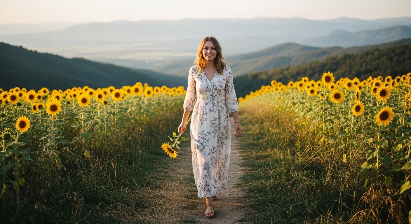 Mulher em campo florido de girassois
